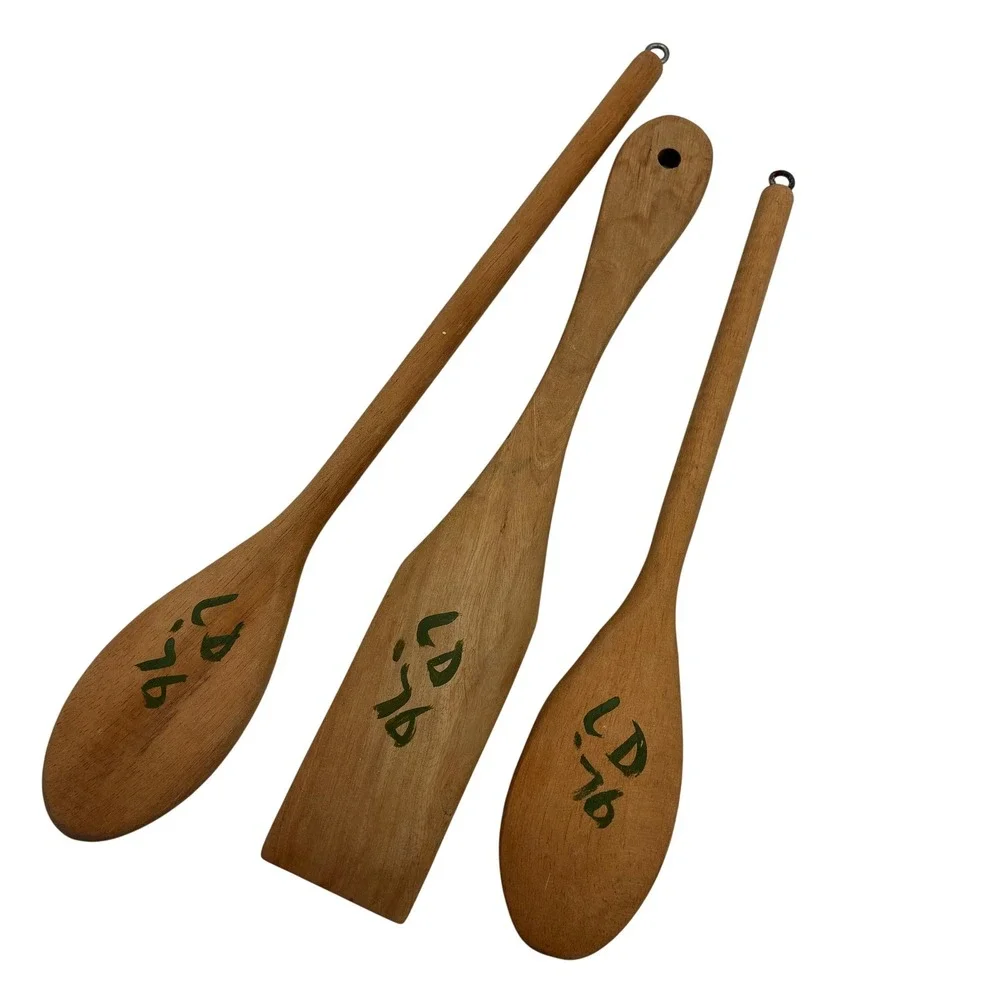 Vintage 1976 Hand Painted Wooden Spoon Spatula Set Folk Art Floral 3pc Decor‎
